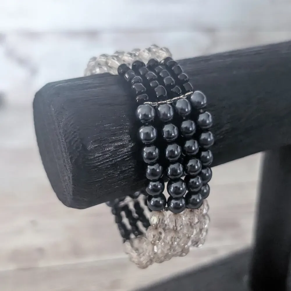 Vintage Stretch Bracelet Three Row Blue, Black, Frosted
